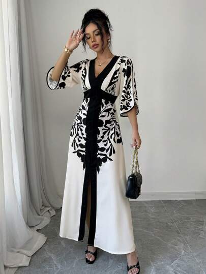 فساتين حريمي Rafferiza فستان طويل كاجوال للنساء بألوان صلبة وطباعة زهور على اكمام طويلة وتصميم لحمي