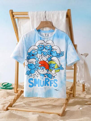 ملابس بناتي X The Smurfs تي شيرت كم قصير تي شيرت بطباعة كرتونية بنمط الربط والصبغ للبنات المراهقات باللون الأزرق
