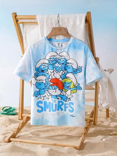 ملابس بناتي X The Smurfs تي شيرت كم قصير تي شيرت بطباعة كرتونية بنمط الربط والصبغ للبنات المراهقات باللون الأزرق