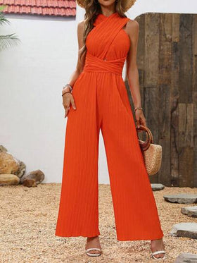 SHEIN PETITE جمبسوت قصيرة للسيدات ذات لون واحد بربطة عنق مناسبة للعطلات