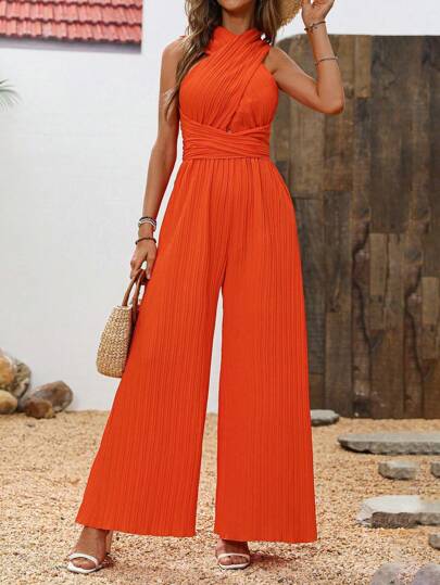 SHEIN PETITE جمبسوت قصيرة للسيدات ذات لون واحد بربطة عنق مناسبة للعطلات