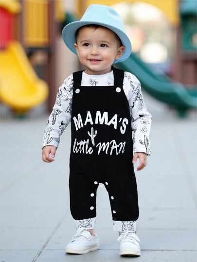 SHEIN Playful Pals مجموعة 2 قطعة لطفل ذكر: بوديسوت ذات أكمام طويلة + بناطيل بدلة مطبوعة بنمط أكس وكتابة (أم صبي صغير)، للارتداء اليومي العادي، مجموعة ملابس الأم والطفل الذكر من نيوتن