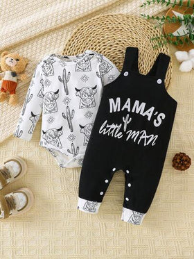 SHEIN Playful Pals مجموعة 2 قطعة لطفل ذكر: بوديسوت ذات أكمام طويلة + بناطيل بدلة مطبوعة بنمط أكس وكتابة (أم صبي صغير)، للارتداء اليومي العادي، مجموعة ملابس الأم والطفل الذكر من نيوتن