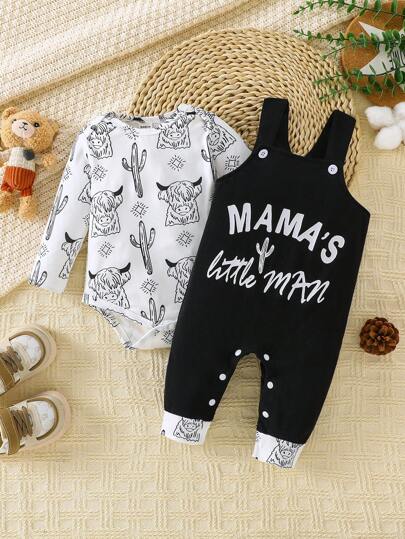 SHEIN Playful Pals مجموعة 2 قطعة لطفل ذكر: بوديسوت ذات أكمام طويلة + بناطيل بدلة مطبوعة بنمط أكس وكتابة (أم صبي صغير)، للارتداء اليومي العادي، مجموعة ملابس الأم والطفل الذكر من نيوتن