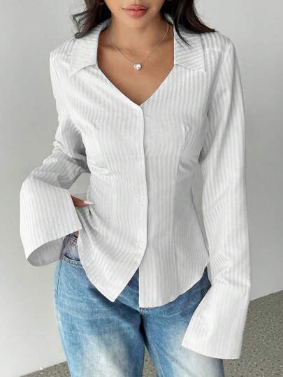 Flirla قميص كاجوال طويل الأكمام مزركش مع أزرار أمامية للنساء، مناسب للارتداء اليومي