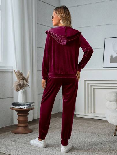 SHEIN LUNE 2 قطعة/مجموعة بذلة نسائية كاجوال مكونة من سترة برقبة مع كابوشون أكمام طويلة من النيولين، للخريف
