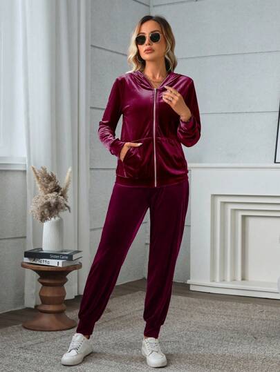 SHEIN LUNE 2 قطعة/مجموعة بذلة نسائية كاجوال مكونة من سترة برقبة مع كابوشون أكمام طويلة من النيولين، للخريف