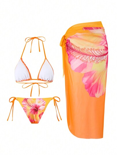 Swim Oasis طقم ملابس صيفية للنساء مكون من 3 قطع يتضمن: ملابس علوية مطبوعة بزهور ثلاثية الأبعاد، بكيني قطعتين مع ربطة أمامية، وتنورة شبكية، بطراز بوهيمي للإقامة في المنتجعات