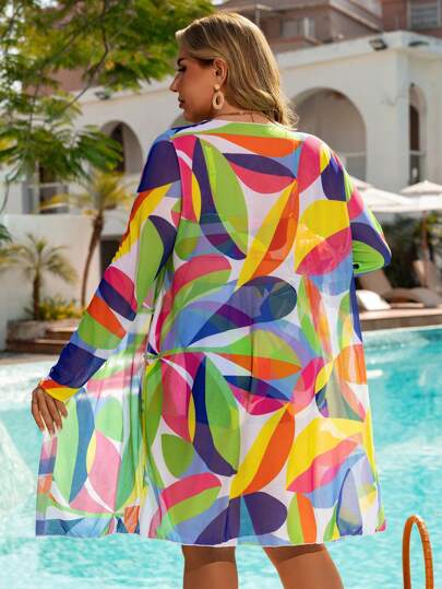 SHEIN Swim Curve طقم ملابس سباحة حجم كبير للنساء 3 قطع: سترة علوية برباط رفيع، ملابس علوية بخصر عالي مطبوع ، وغطاء للاستخدام اليومي والرحلات، للارتداء في الشاطئ والإجازات الصيفية