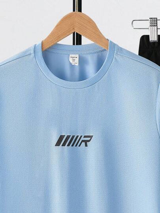 SHEIN طقم قميص للفتيان المراهقين بنمط كاجوال بطبعة حرفية بياقة طاقم، مناسب للصيف والرياضة والجري
