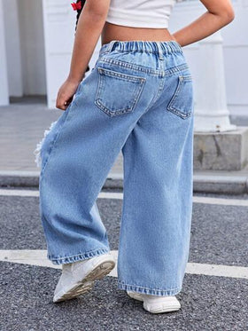 SHEIN بنطلون جينز لفتاة يافعة بيت Y2K كاجول متهالك أزرق قصمية فضفاض، بنطلون جينز كاجوال فضفاض للبنات للربيع والصيف للأيام العطلة