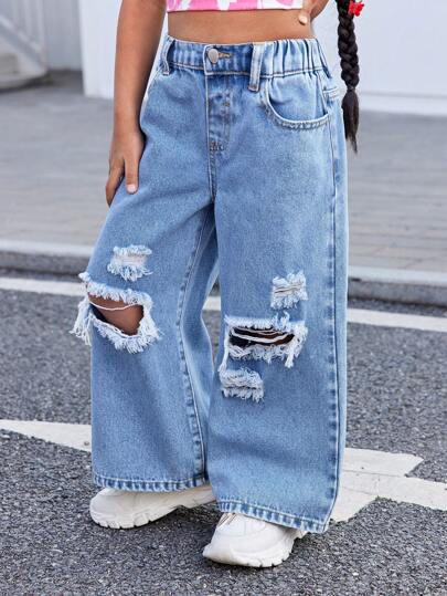 SHEIN بنطلون جينز لفتاة يافعة بيت Y2K كاجول متهالك أزرق قصمية فضفاض، بنطلون جينز كاجوال فضفاض للبنات للربيع والصيف للأيام العطلة