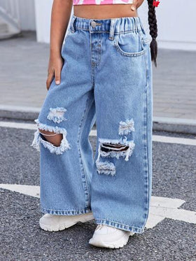 SHEIN بنطلون جينز لفتاة يافعة بيت Y2K كاجول متهالك أزرق قصمية فضفاض، بنطلون جينز كاجوال فضفاض للبنات للربيع والصيف للأيام العطلة