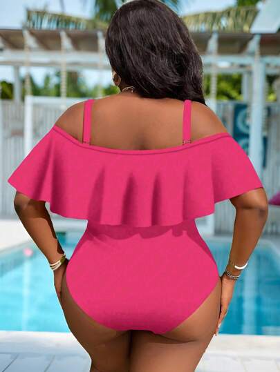 SHEIN Slayr CURVE بدلة سباحة قطعة واحدة للمرأة السمينة من اللون الأحادي مع كشكشة في الكتف البارد للعطلات الصيفية وفي الشاطئ