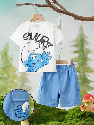 X The Smurfs طقم فستان قصير كم مطبوع عليه نقوش كرتونية للصبي الصغير ذو رقبة طاقم وشورت كارجو