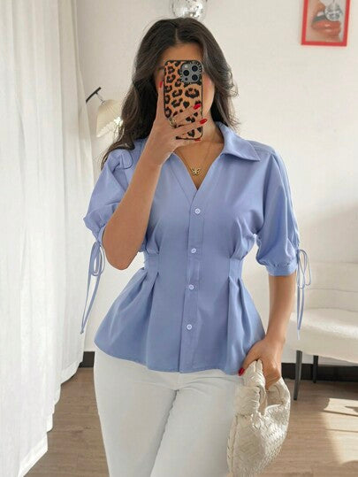 Franclia قميص أنيق بأكمام قصيرة، بلوزة بأكمام منتفخة خصر نحيف، تُظهر جمال المرأة
