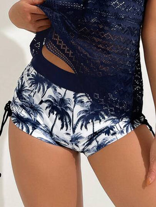 طقم تانكيني حريمي Swim Lushoire طقم بحر للمرأة 3 قطع، قصيرات بطبعة شجرة جوز الهند عميقة الياقة مع كيمونو من نسيج مفرغ وأعلى تانك كامي، أناقة إجازة متميزة، مناسب لرأس السنة