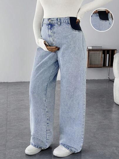 SHEIN سراويل جينز أمومة فضفاضة بتصميم ساق مستقيم باللون الأزرق، سراويل جينز فضفاضة أزرق عادية، سراويل جينز نسائية بخصر واسع مثالية للأمهات