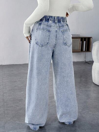 SHEIN سراويل جينز أمومة فضفاضة بتصميم ساق مستقيم باللون الأزرق، سراويل جينز فضفاضة أزرق عادية، سراويل جينز نسائية بخصر واسع مثالية للأمهات