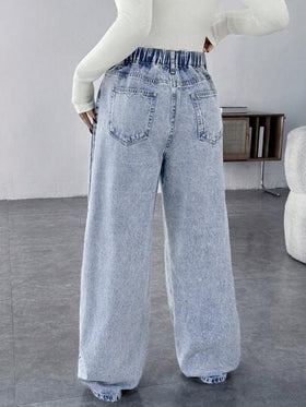 SHEIN سراويل جينز أمومة فضفاضة بتصميم ساق مستقيم باللون الأزرق، سراويل جينز فضفاضة أزرق عادية، سراويل جينز نسائية بخصر واسع مثالية للأمهات