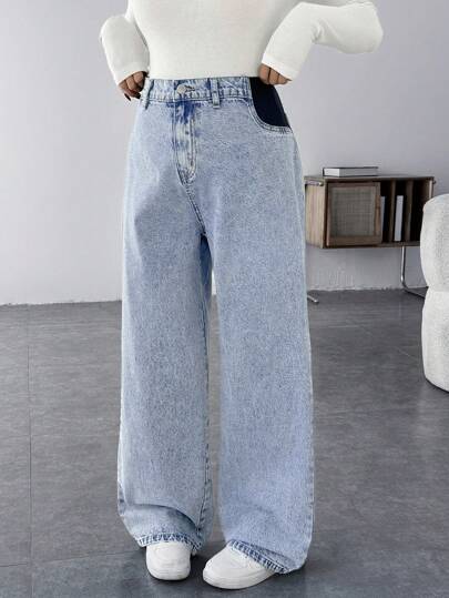 SHEIN سراويل جينز أمومة فضفاضة بتصميم ساق مستقيم باللون الأزرق، سراويل جينز فضفاضة أزرق عادية، سراويل جينز نسائية بخصر واسع مثالية للأمهات