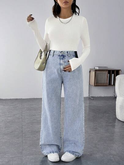 SHEIN سراويل جينز أمومة فضفاضة بتصميم ساق مستقيم باللون الأزرق، سراويل جينز فضفاضة أزرق عادية، سراويل جينز نسائية بخصر واسع مثالية للأمهات