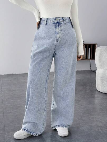 SHEIN سراويل جينز أمومة فضفاضة بتصميم ساق مستقيم باللون الأزرق، سراويل جينز فضفاضة أزرق عادية، سراويل جينز نسائية بخصر واسع مثالية للأمهات