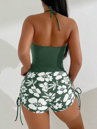 طقم تانكيني حريمي Swim Lushoire مجموعة ملابس سباحة كاجوال للنساء تتكون من توب علوي أحادي اللون من نوع هالتر وشورت ذو طبعة زهرية، مناسبة للصيف والعطلات على الشاطئ