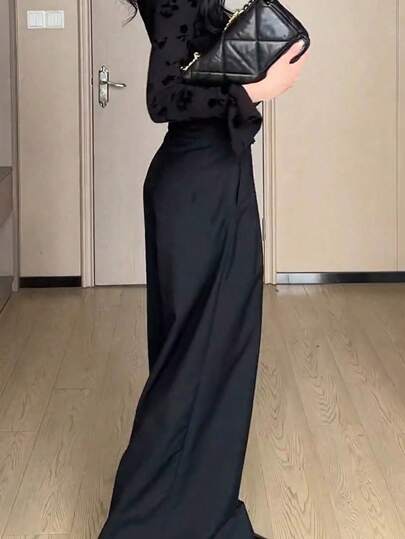 PETITE سروال نسائي خصر عالي مطوي فضفاض ساق مستقيمة