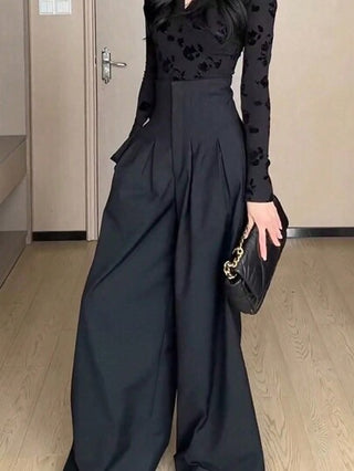 PETITE سروال نسائي خصر عالي مطوي فضفاض ساق مستقيمة