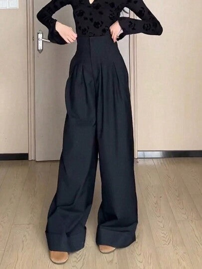 PETITE سروال نسائي خصر عالي مطوي فضفاض ساق مستقيمة