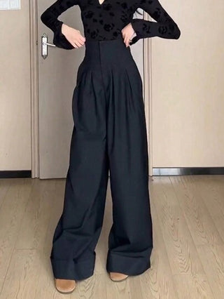 PETITE سروال نسائي خصر عالي مطوي فضفاض ساق مستقيمة