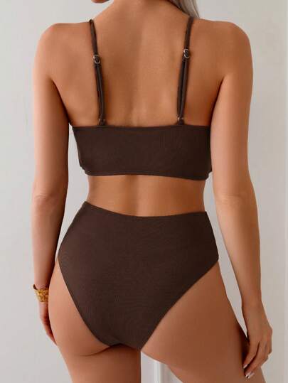 Swim ملابس سباحة نسائية، طقم بيكيني بنقشة نسيج أنيقة بجيب على شكل حرف V وأربطة جذابة، ملابس شاطئية لفصل الصيف وعطلات، إطلالة بوهيمية لمهرجانات