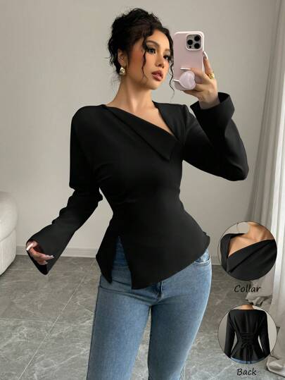 Elenzga بلوزة صلبة اللون أنيقة وأنيقة للنساء، ذات أكمام طويلة وياقة على شكل V مائل غير متماثل، مربوطة في الخصر وذات نهاية عالية منخفضة مريحة للارتداء اليومي