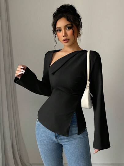 Elenzga بلوزة صلبة اللون أنيقة وأنيقة للنساء، ذات أكمام طويلة وياقة على شكل V مائل غير متماثل، مربوطة في الخصر وذات نهاية عالية منخفضة مريحة للارتداء اليومي