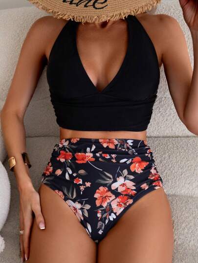 طقم تانكيني حريمي Swim طقم تنكيني بنمط زهري، رقبة على شكل حرف V بلا أكمام، مع اكتاف خلفية على شكل هالتر، للنساء، لارتدائه في الصيف والعطلات على الشاطئ