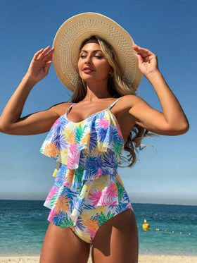 Swim Lushoire ملابس علوية كاميسول كاجوال بطبعة زهرية براثم رفيعة للنساء، سروال السباحة ملابس علوية وأسفل، مثالي لعطلات الصيف والشاطئ