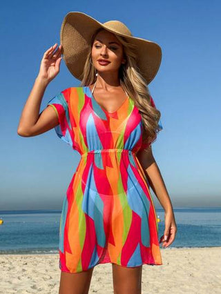 Swim Lushoire فستان ملابس علوية بياقة على شكل حرف V بأكمام قصيرة مطبوع بأشكال عشوائية فضفاض للاستخدام في الشاطئ والعطلات الصيفية بدون بيكيني