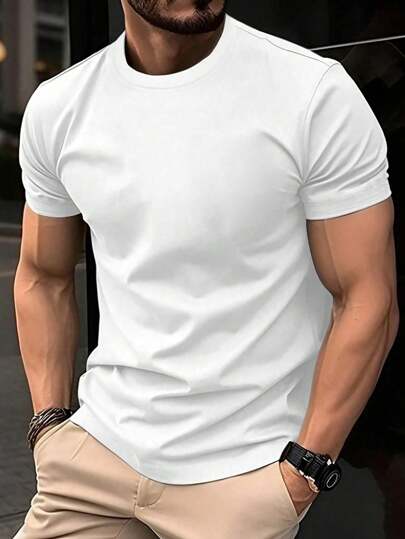 Manfinity Homme ملابس علوية بياقة دائرية وأكمام قصيرة كاجوال عادي للرجال ، ملابس علوية للاستخدام اليومي