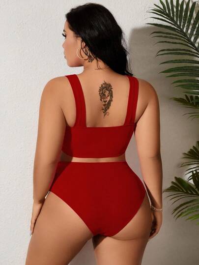 SHEIN Swim Curve مجموعة ملابس سباحة عطلة بتصميم منفصل ، لحجم كبير، قطعتان ، بلون سادة، مناسبة للصيف والعطلات الشاطئية