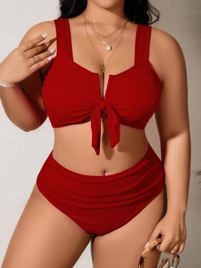 SHEIN Swim Curve مجموعة ملابس سباحة عطلة بتصميم منفصل ، لحجم كبير، قطعتان ، بلون سادة، مناسبة للصيف والعطلات الشاطئية