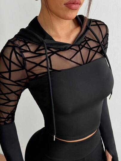 SHEIN Sport Studio بدلة رياضية منسوجة من بقع اللباد والشبك مع سحاب الهود والبنطلون، بدلة رياضية من قطعتين متناسقة للنساء