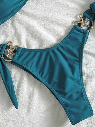Swim Mod مجموعة بكيني صيفية من المرأة مزينة بنجمة البحر المعدنية باللون الأحادي، ربطة جانبية للشاطئ والعطلة