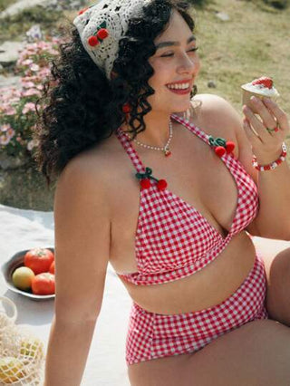 Swim Mod مجموعة بكيني من قطعتين للنساء ذوات الحجم الكبير مع زخرفة كرز جميلة، خصر قابل للتعديل بسحاب وتصميم فيونكة، للشاطئ والإجازة الصيفية