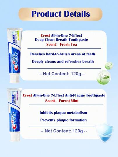 CREST معجون أسنان متعدد الخصائص 7 في 1 حزمة قيمة 1+1 (مضاد للبلاك والتنظيف العميق والتنفس) - 2 قطعة 240 جم / 8.47 أونصة، حماية شاملة، فعال ضد البلاق والتنظيف العميق والقضاء على رائحة الفم الكريهة، يقلل الحساسية، ينعش لفترة طويلة، للبالغين، عرضة...