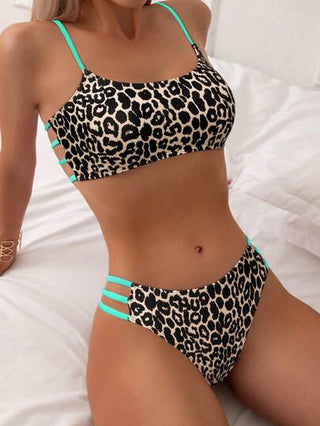 Swim SXY 2 مجموعة بيكيني مطبوع بنمط الفهد للنساء، عطلة صيفية على الشاطئ