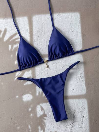 Swim SXY بيكيني علوي معلق معدني بلون أحادي للنساء في فصل الربيع، ملابس سباحة جذابة بفتحة الظهر