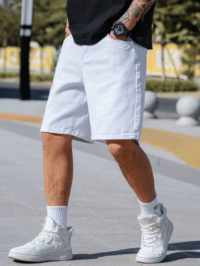 Manfinity Homme صدرات قصيرة جينز عادية متعددة الاستخدامات لون أحادي للرجال