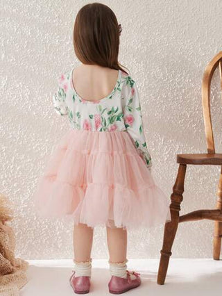 فستان أطفال Blossori فستان أنيق بنمط فرنسي للفتيات الصغيرات ذو طبعات رقمية على الكنز الأبيض والشبكي الملحق، من الرقبة المستديرة، مناسب للربيع والصيف