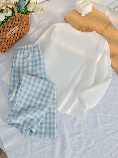 SHEIN Genkimix Kids طقم بجامة للبنات، تريكو طباعة الفراشات والأعرج، توب بأكمام طويلة وبنطلون طويل، قطعتان